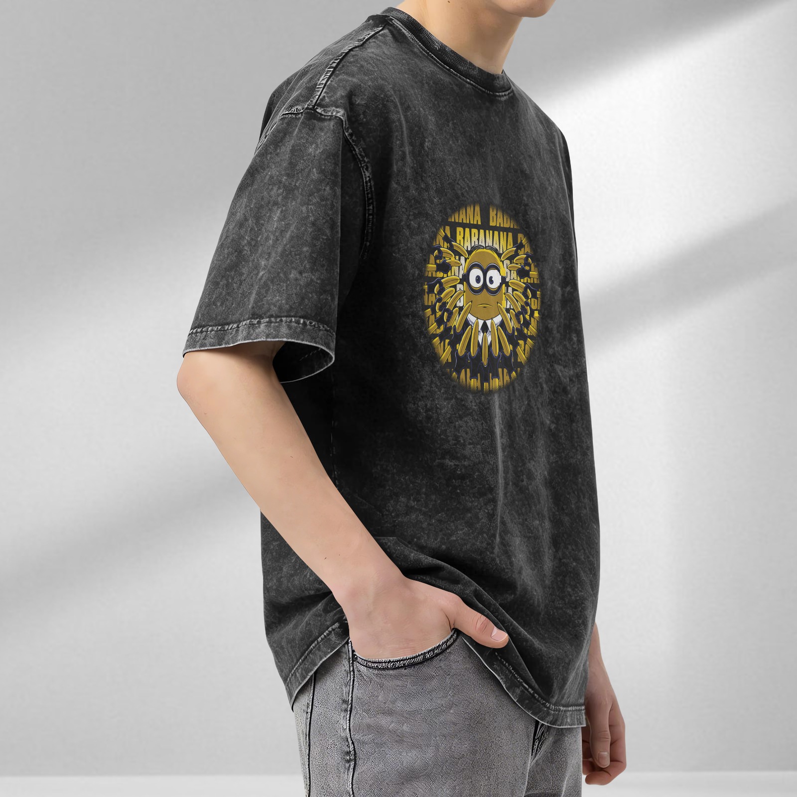 Washed Black Minion Banana Graphic Short Sleeve T-Shirt