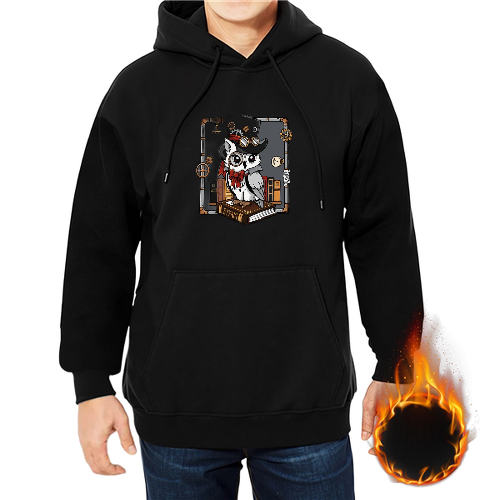 Black Hoodie With Steampunk Owl On Book Graphic Print