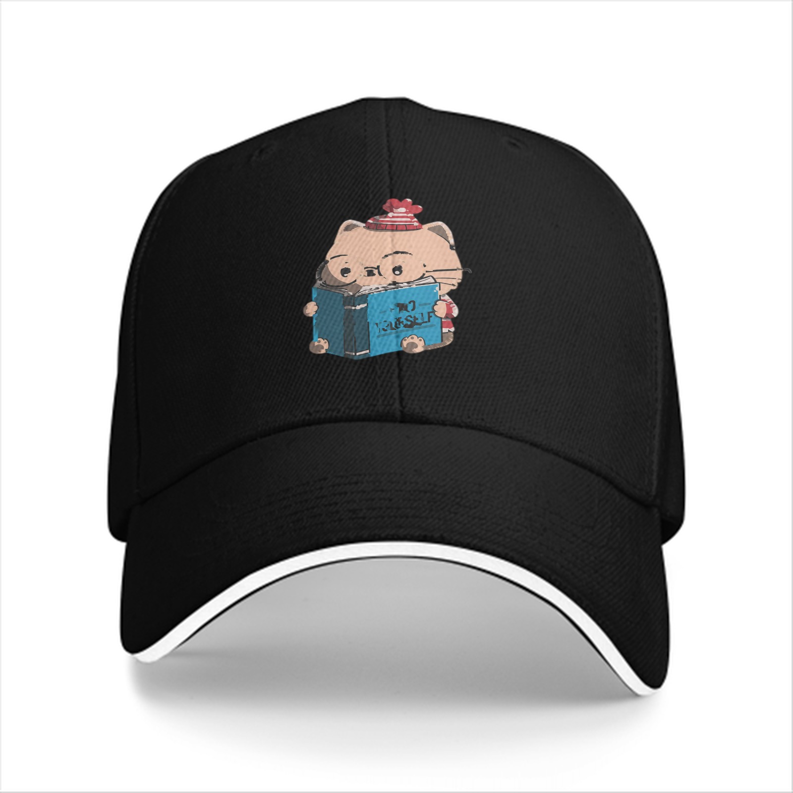 Black Baseball Cap With Cute Reading Cat Graphic
