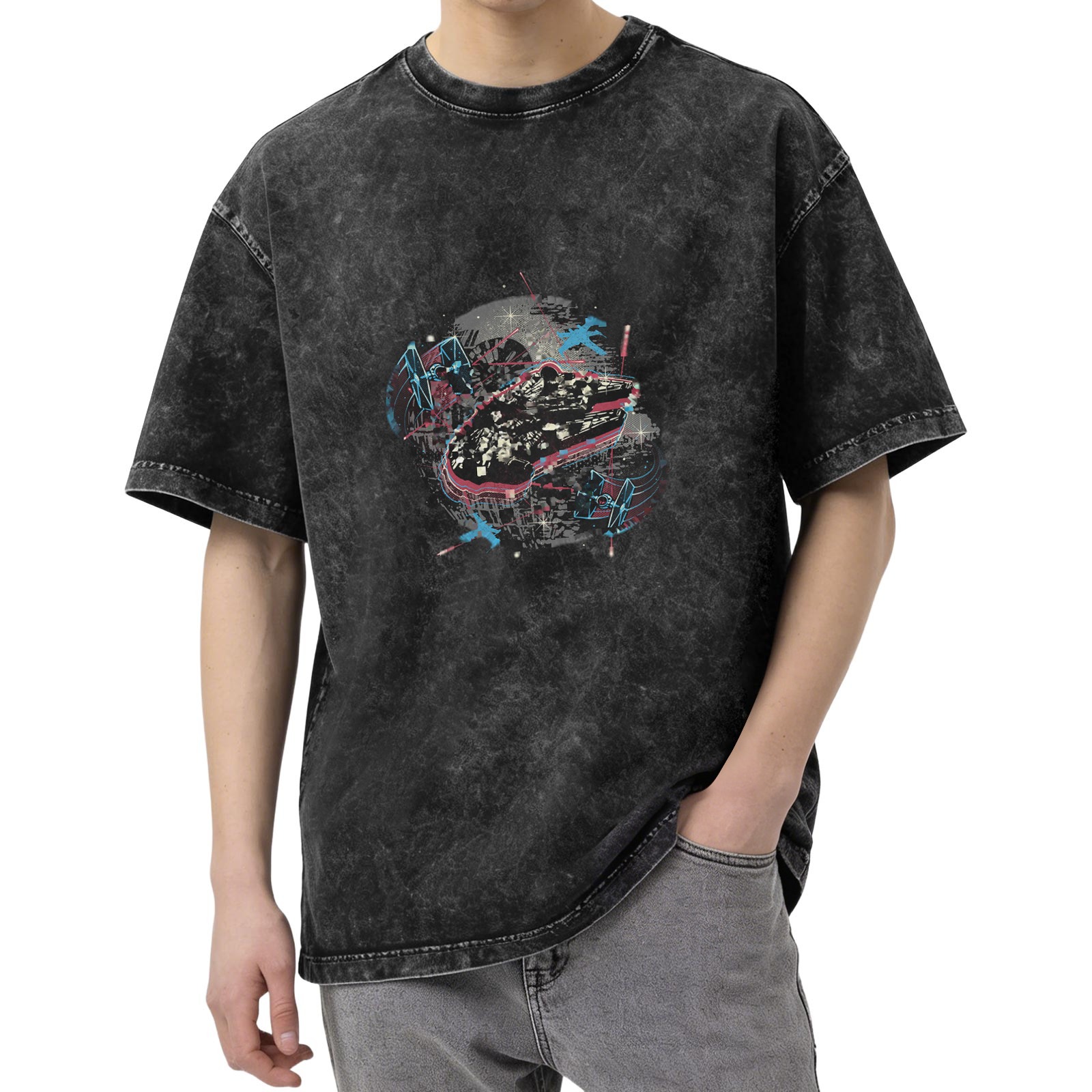 Washed Black Cotton T-Shirt With Star Wars Space Battle Graphic Print