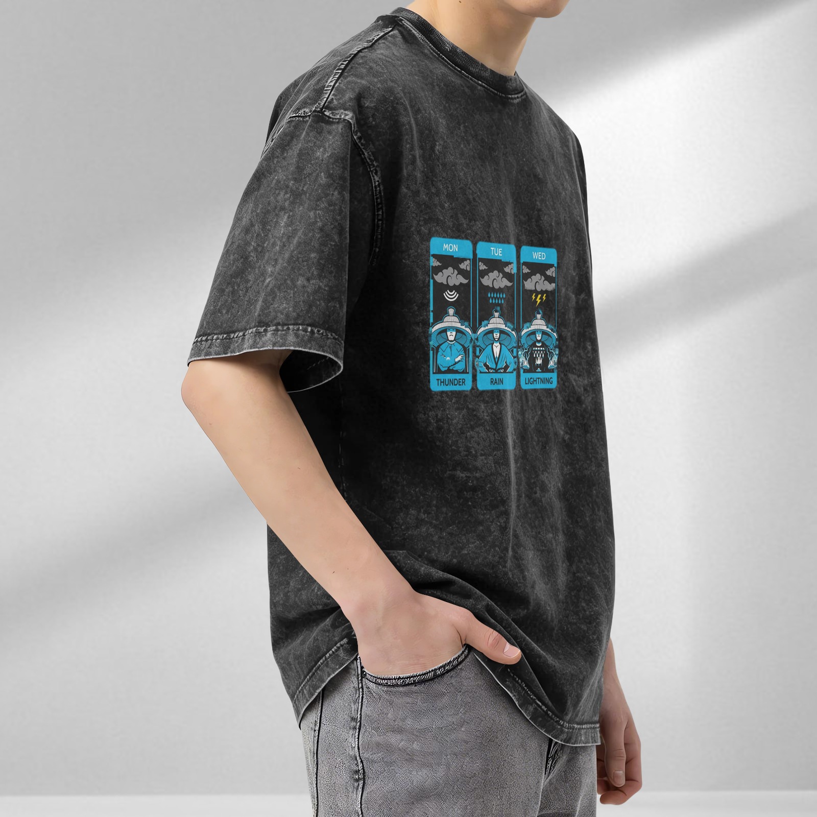 Distressed washed black loose short-sleeved T-shirt Monday to Wednesday weather-themed fun printed top