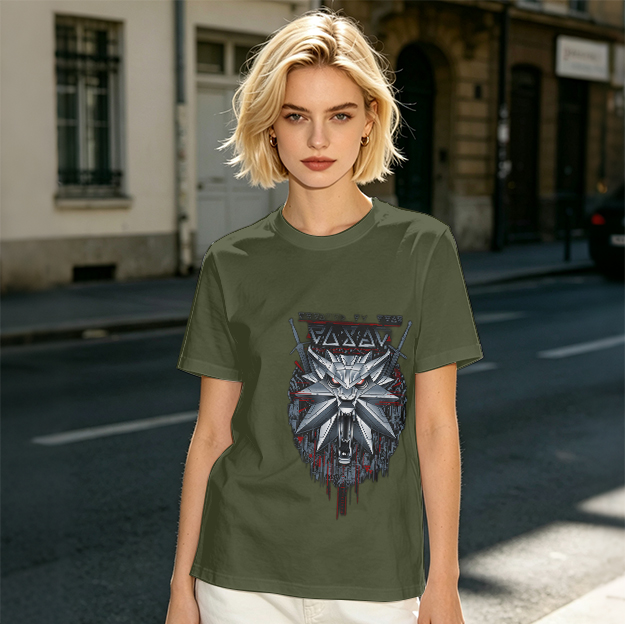 Olive Green T-Shirt With Witcher Wolf Medallion Graphic