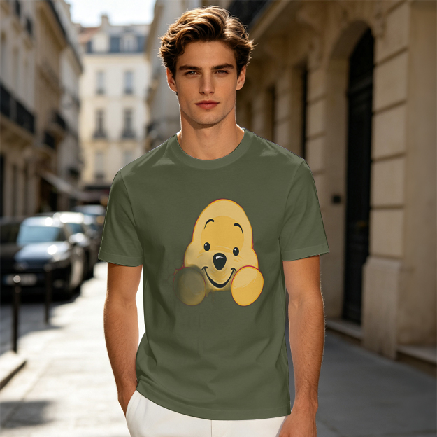 Olive T-shirt with cute Winnie the Pooh face graphic