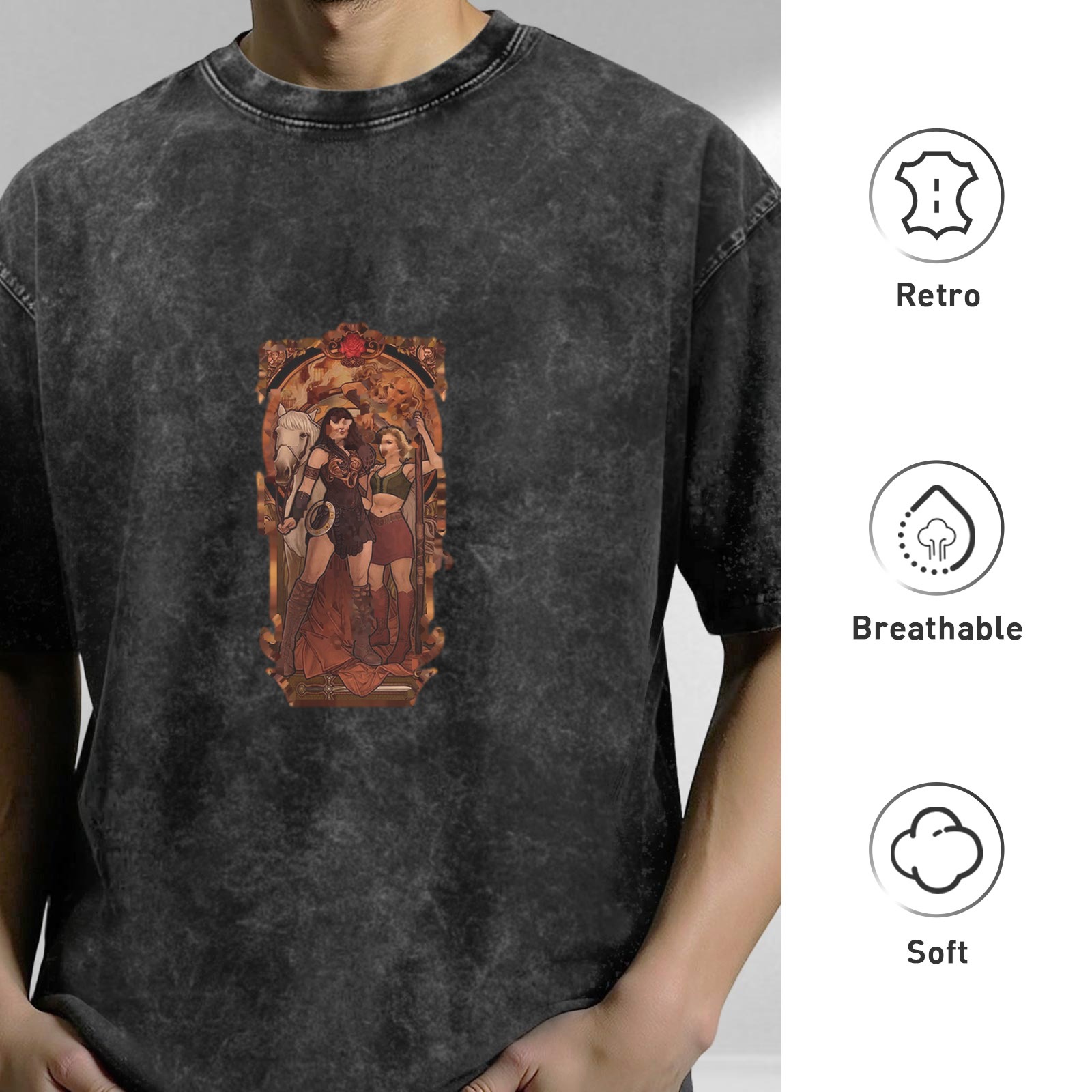 Distressed black printed short-sleeved T-shirt