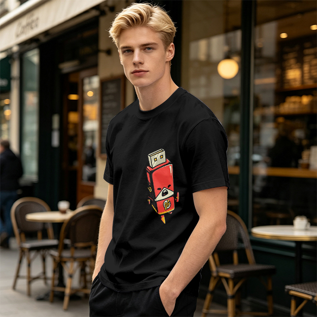 Olive T-Shirt With Cartoon USB Flash Drive Character Print