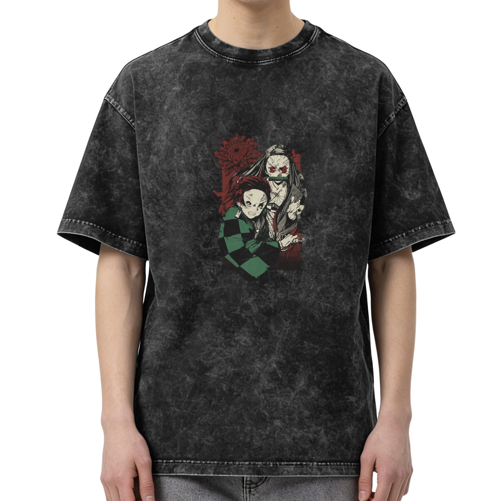Demon Slayer themed distressed washed black loose short-sleeved T-shirt