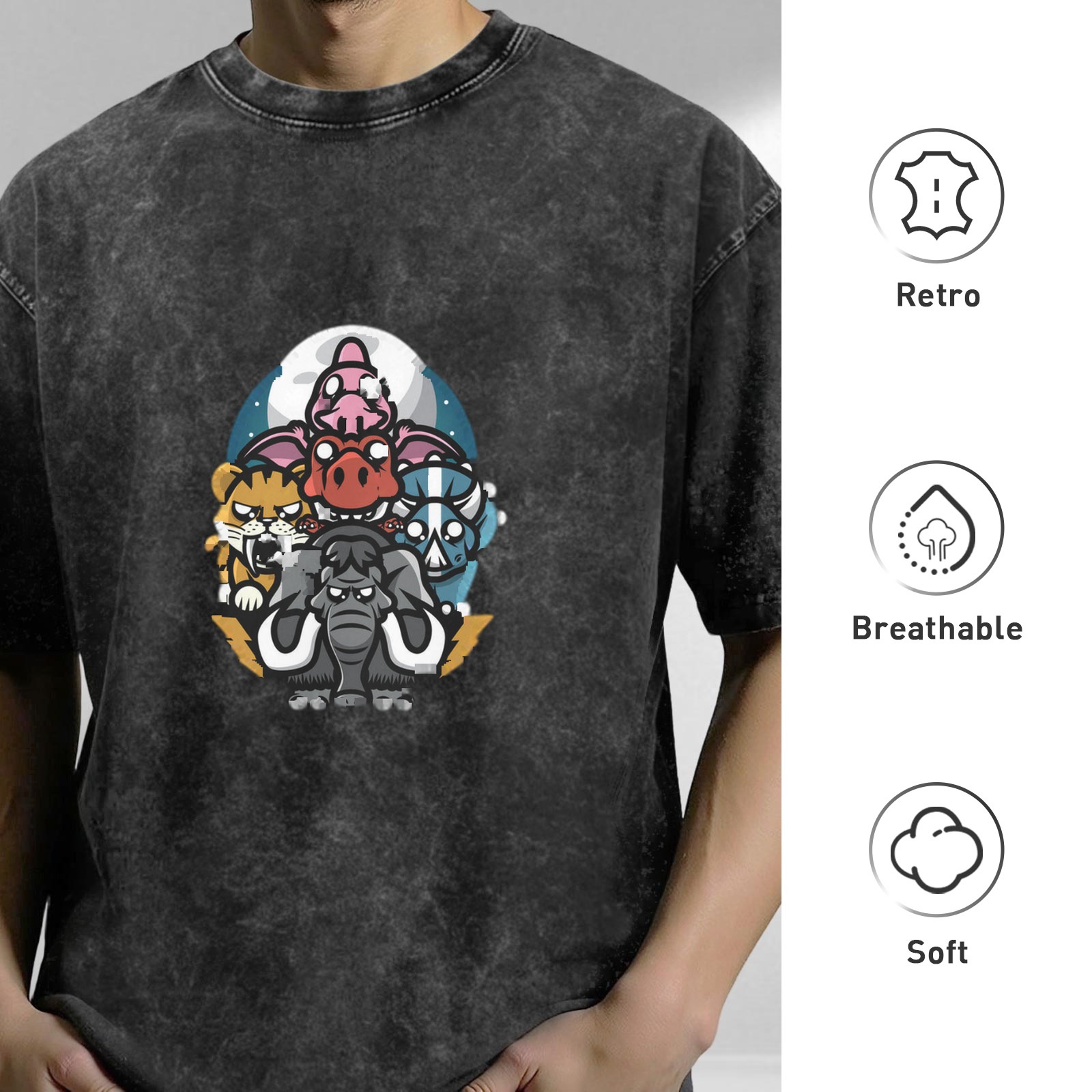 oversized acid wash t-shirt with cartoon prehistoric animal graphic