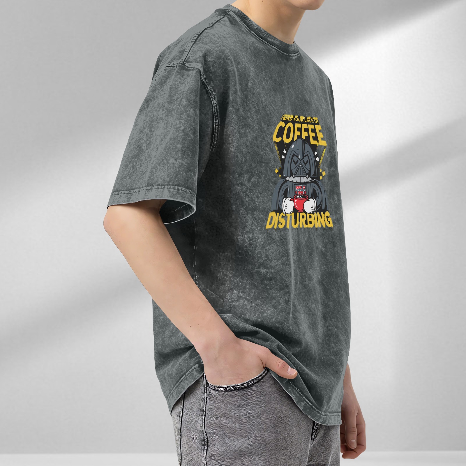 Washed Black T-Shirt with Funny Darth Vader Coffee Disturbing Graphic