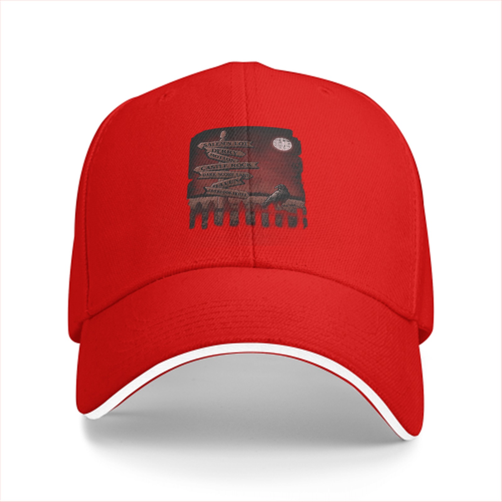 Black baseball cap with spooky graveyard signpost crow print