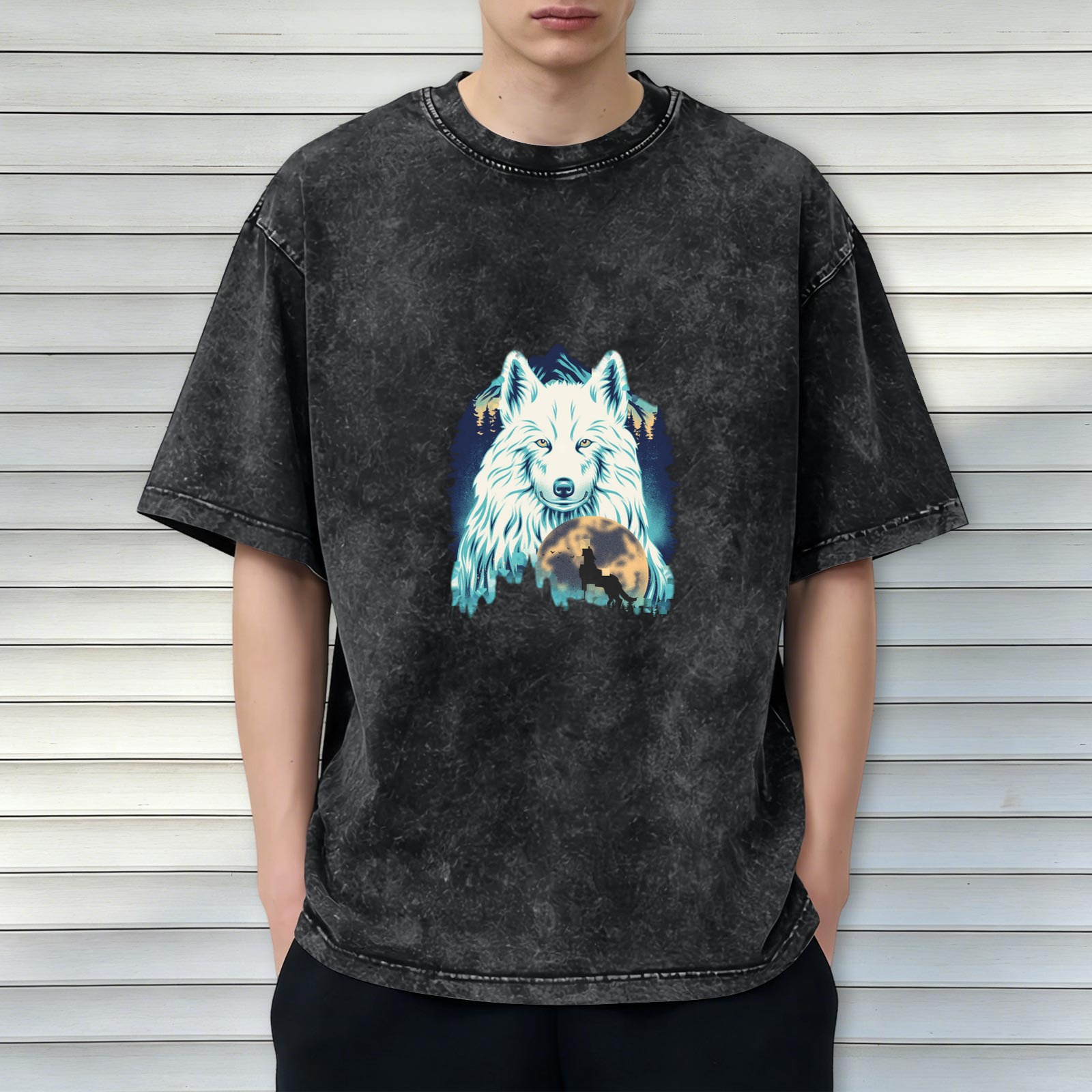 Oversized Dark Wash T-Shirt With White Wolf And Moon Graphic
