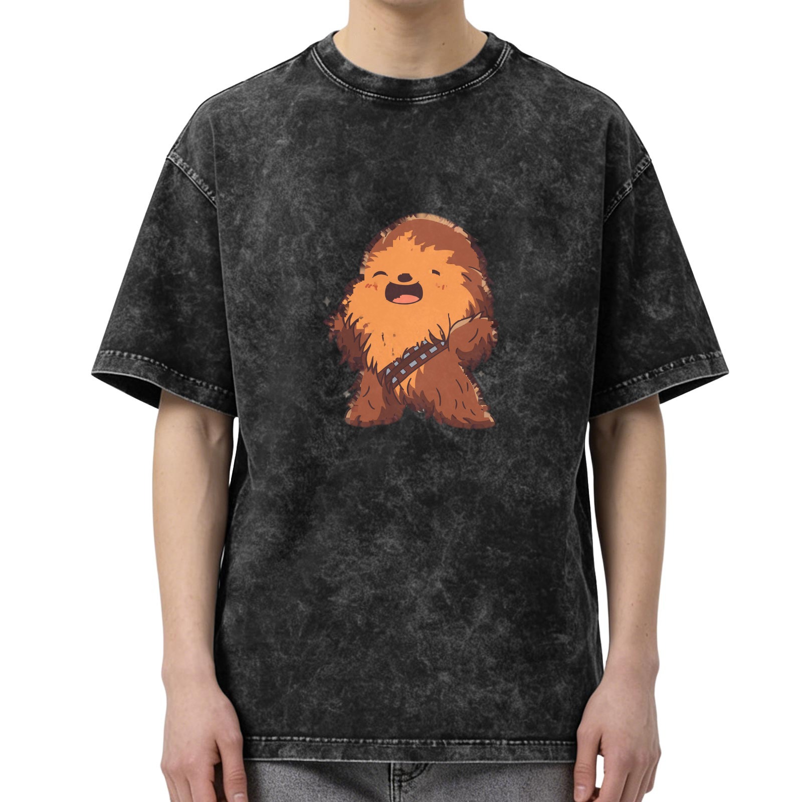 Chibi Chewbacca Print Acid Wash Black Oversized T-Shirt