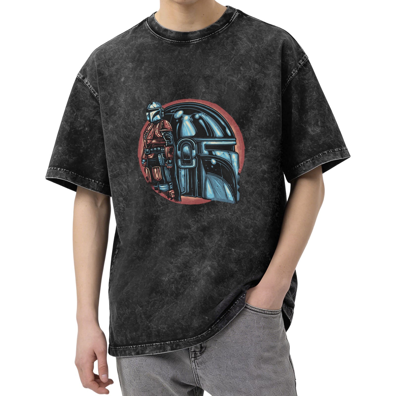 Washed Black T-Shirt With Mandalorian Helmet And Warrior Print