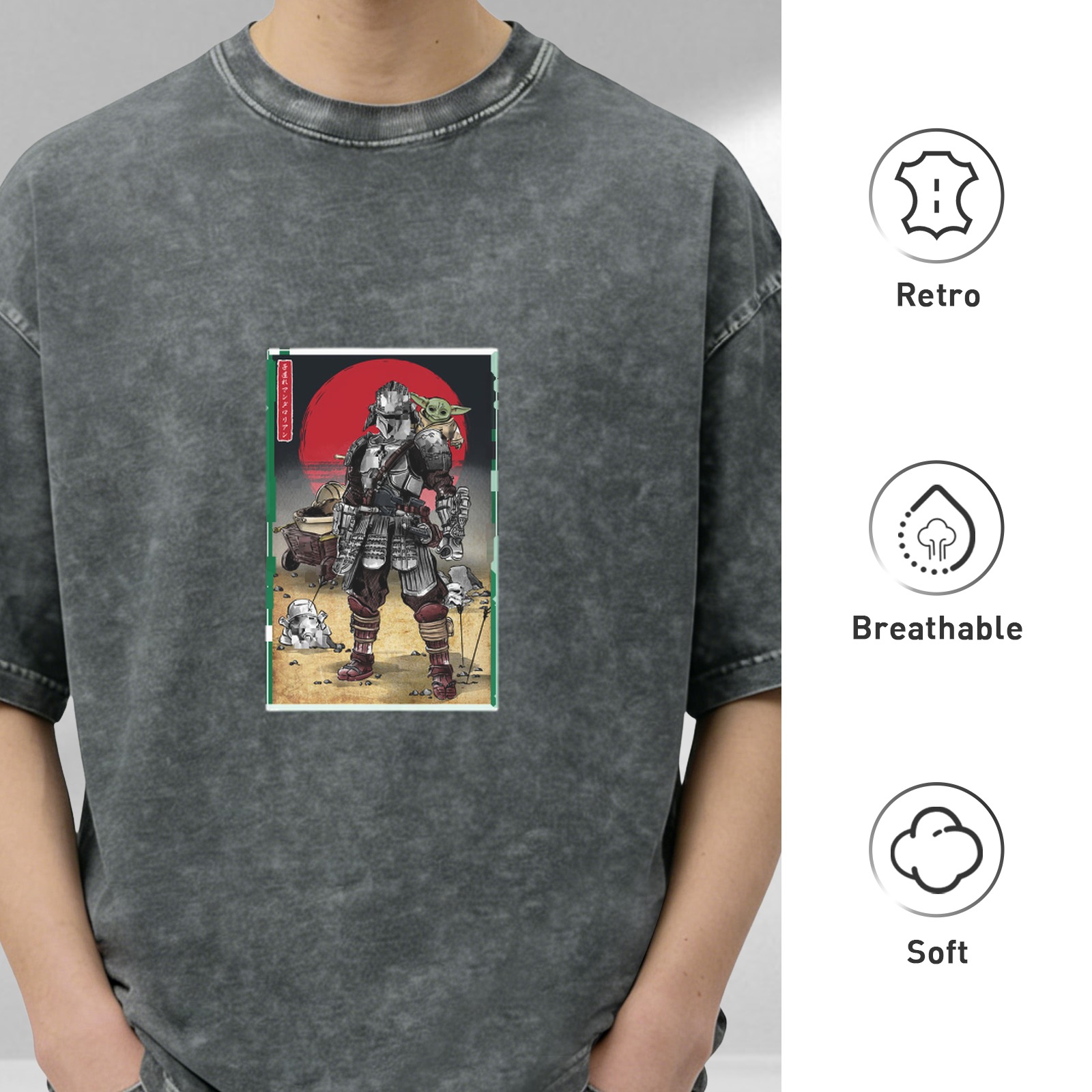 Star Wars Samurai Mandalorian & Grogu Graphic Stone Wash T-Shirt