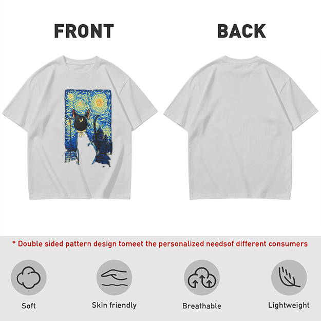 Olive T-Shirt with Starry Night Cat Art Print