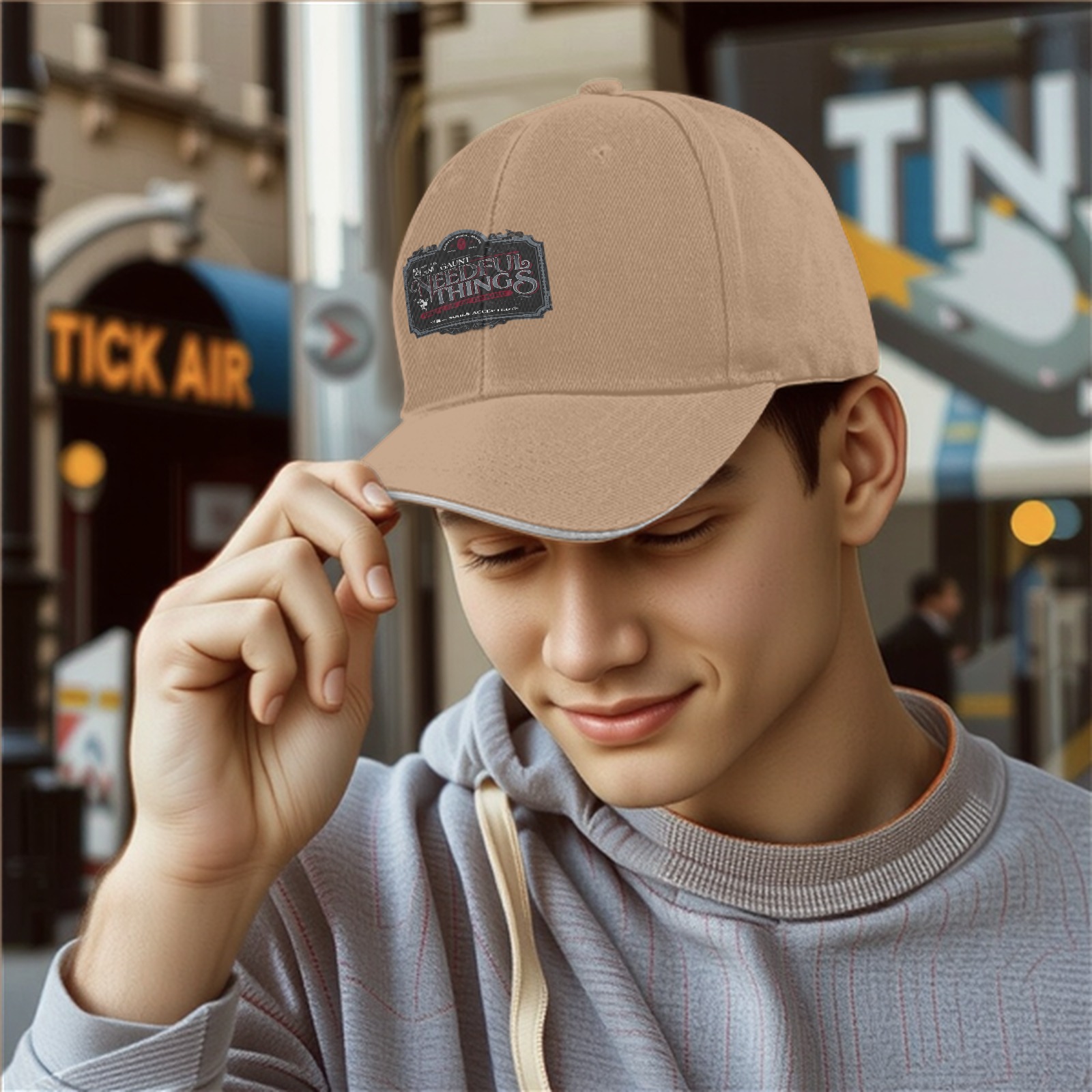 Black baseball cap with Needful Things themed graphic