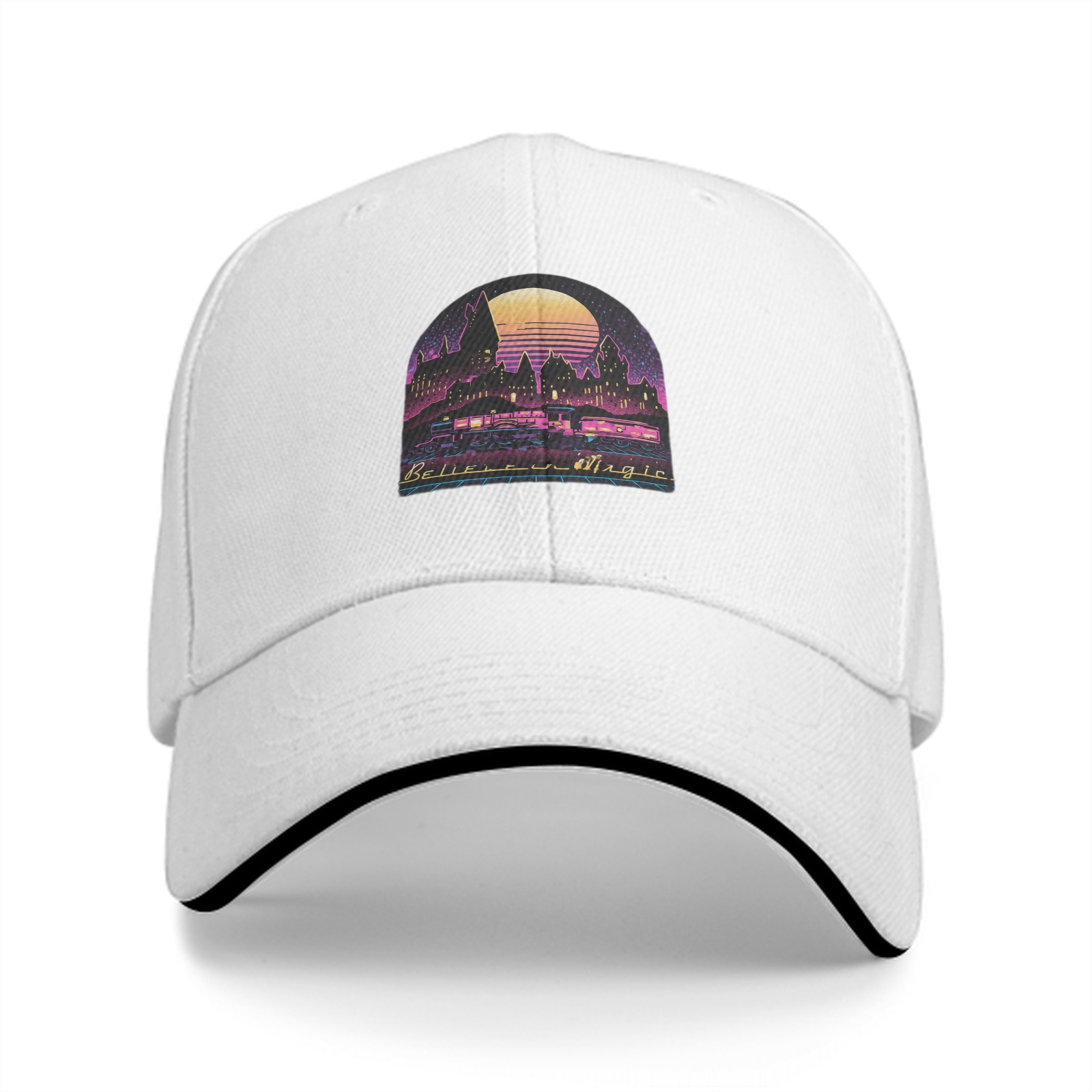 Black Baseball Cap With Neon Magic Castle Sunset Graphic