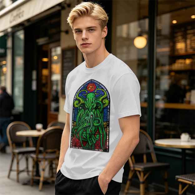 Olive T-Shirt with Cthulhu Stained Glass Style Graphic