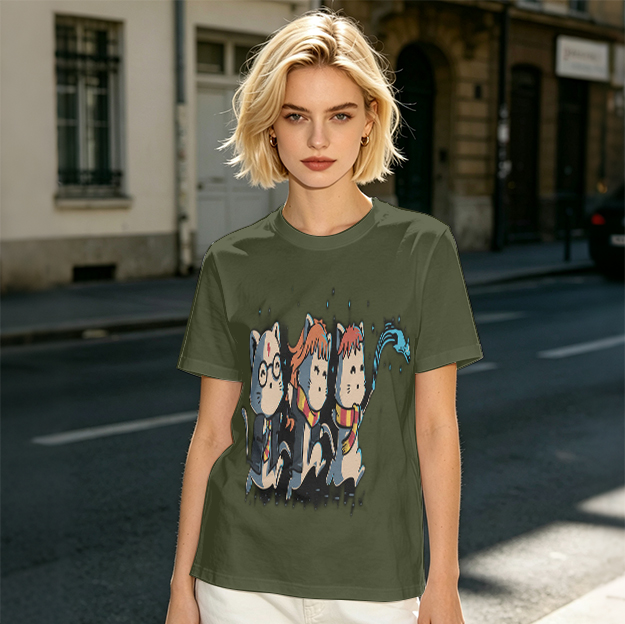 Olive T-Shirt With Harry Potter Themed Cat Trio Print