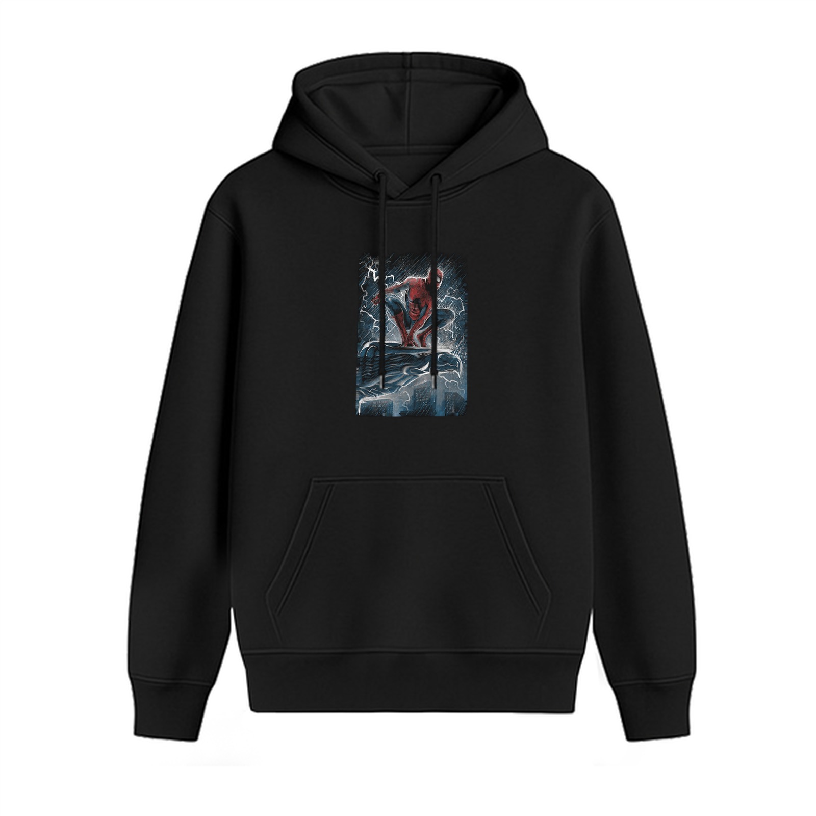Black Hoodie with Spider-Man on Rooftop Lightning Artwork
