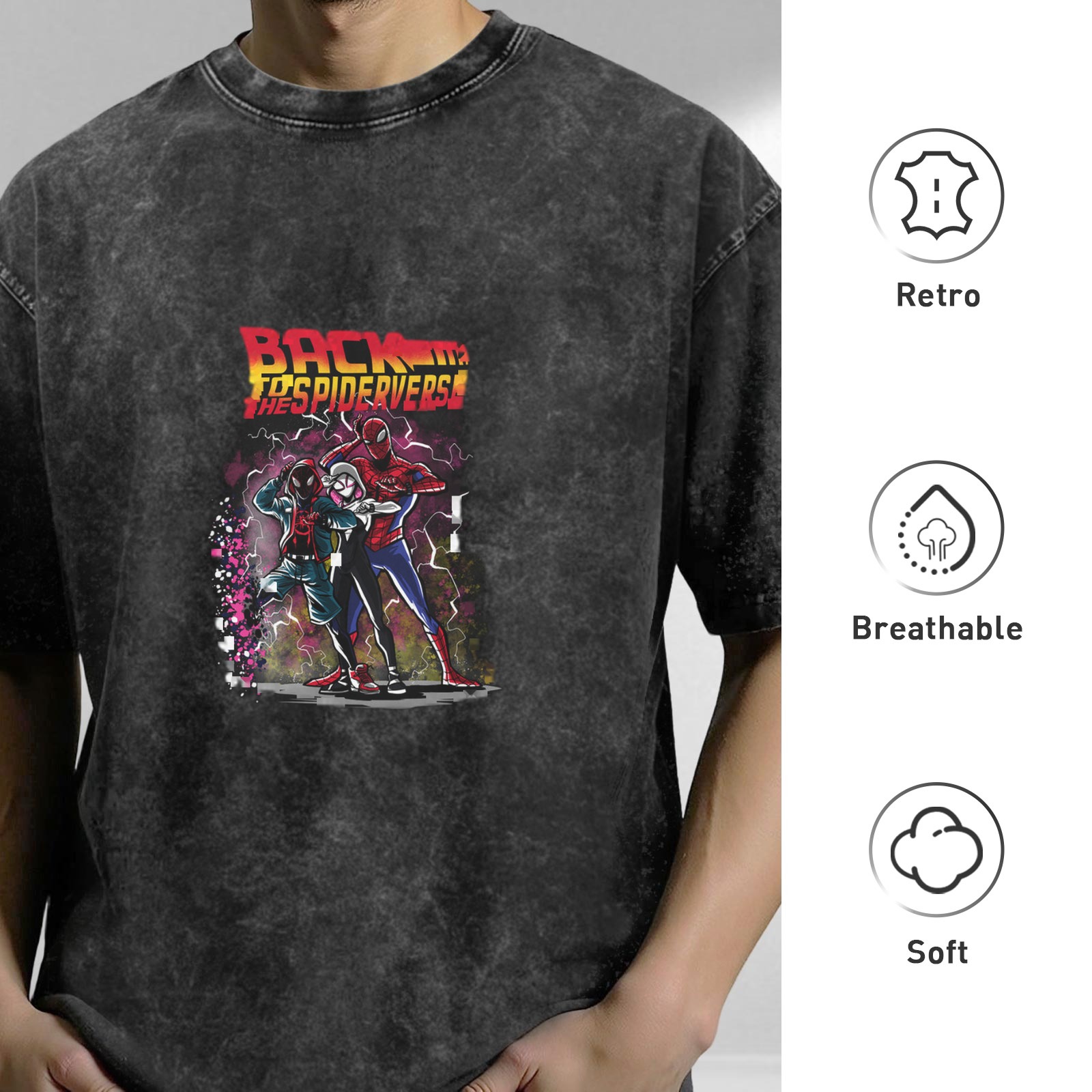 Distressed washed black short-sleeved T-shirt Spider-Man Parallel Universe themed print BACK TO THE SPIDERVERSE Loose casual top