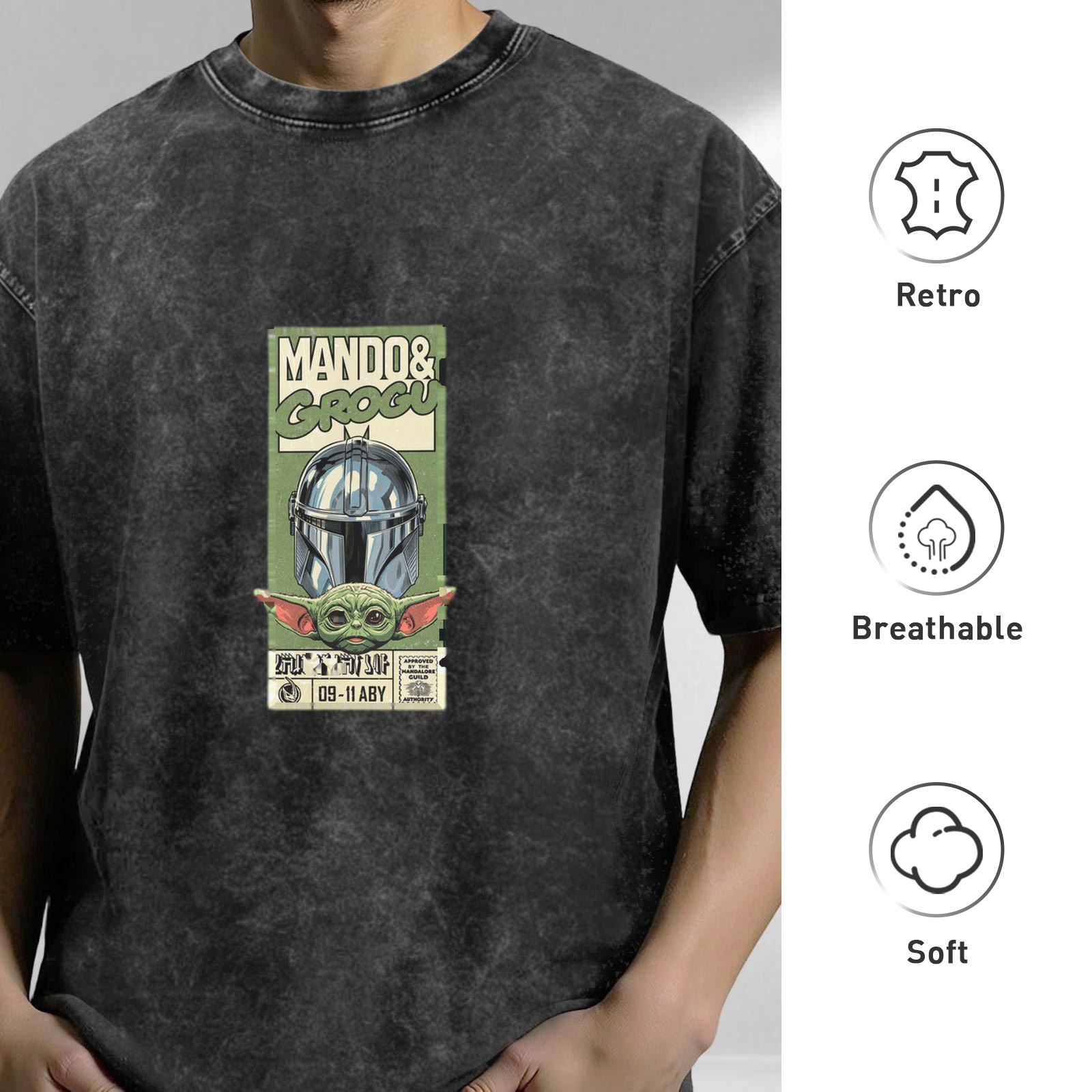 Mandalorian and Grogu Graphic Black Acid Wash T-Shirt