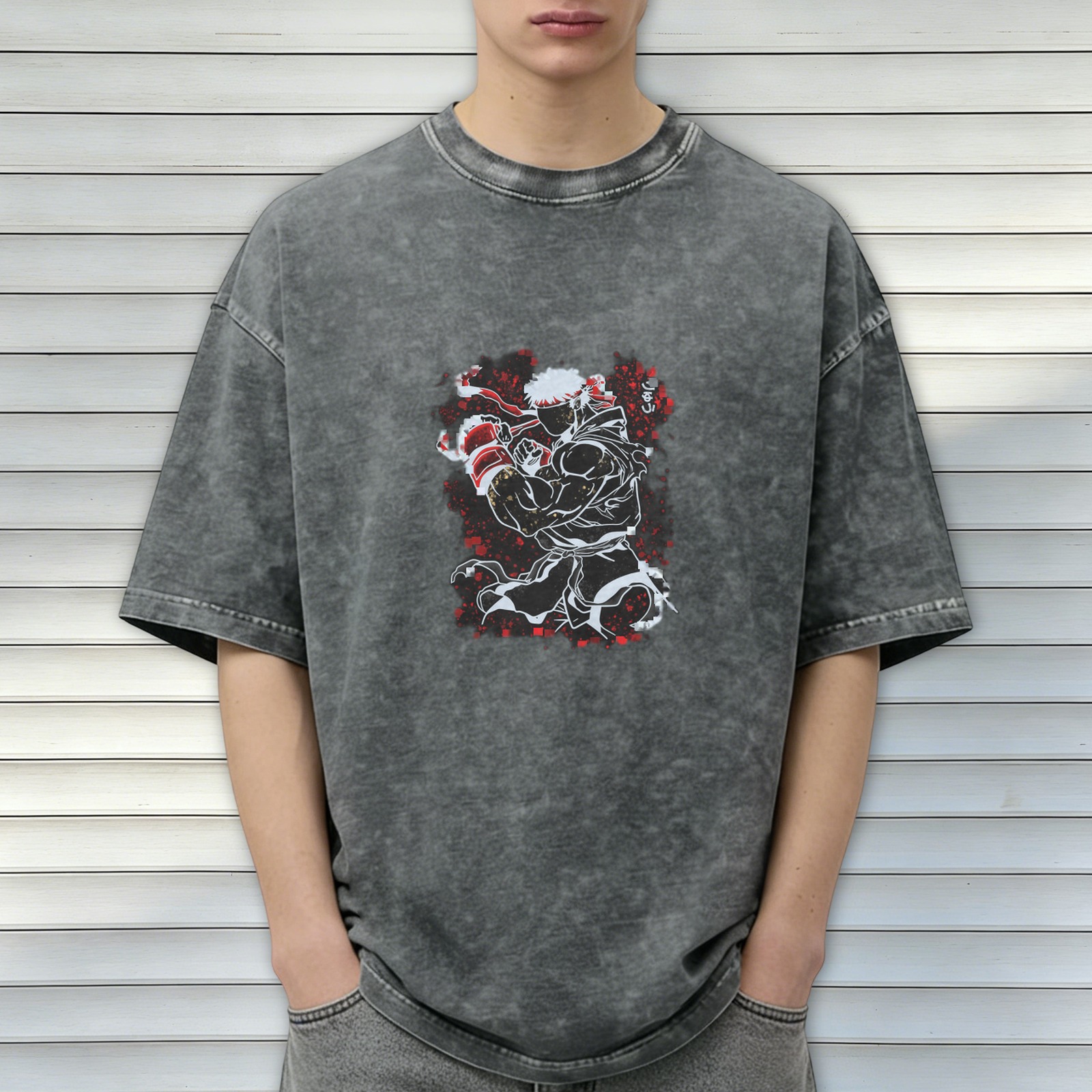 Oversized Dark Wash T-Shirt With Street Fighter Fighter Graphic