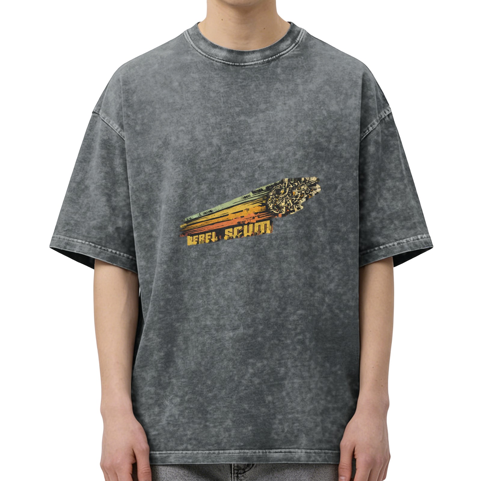 Distressed washed black short-sleeved T-shirt Star Wars themed pattern Rebel Scum Millennium Falcon print loose fit