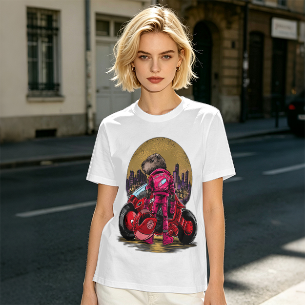 Olive T-Shirt With Capybara Biker And Futuristic City Print