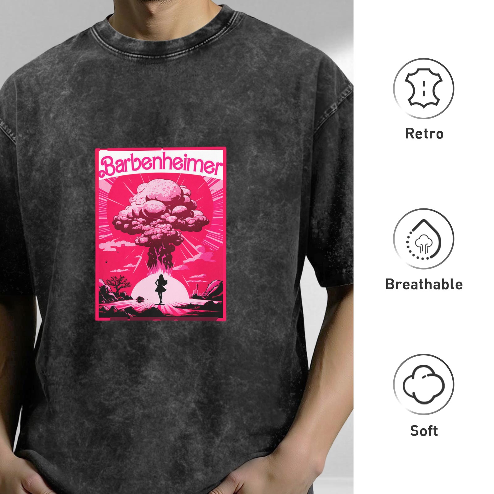 Barbenheimer Mushroom Cloud Graphic on Acid Wash Black T-Shirt