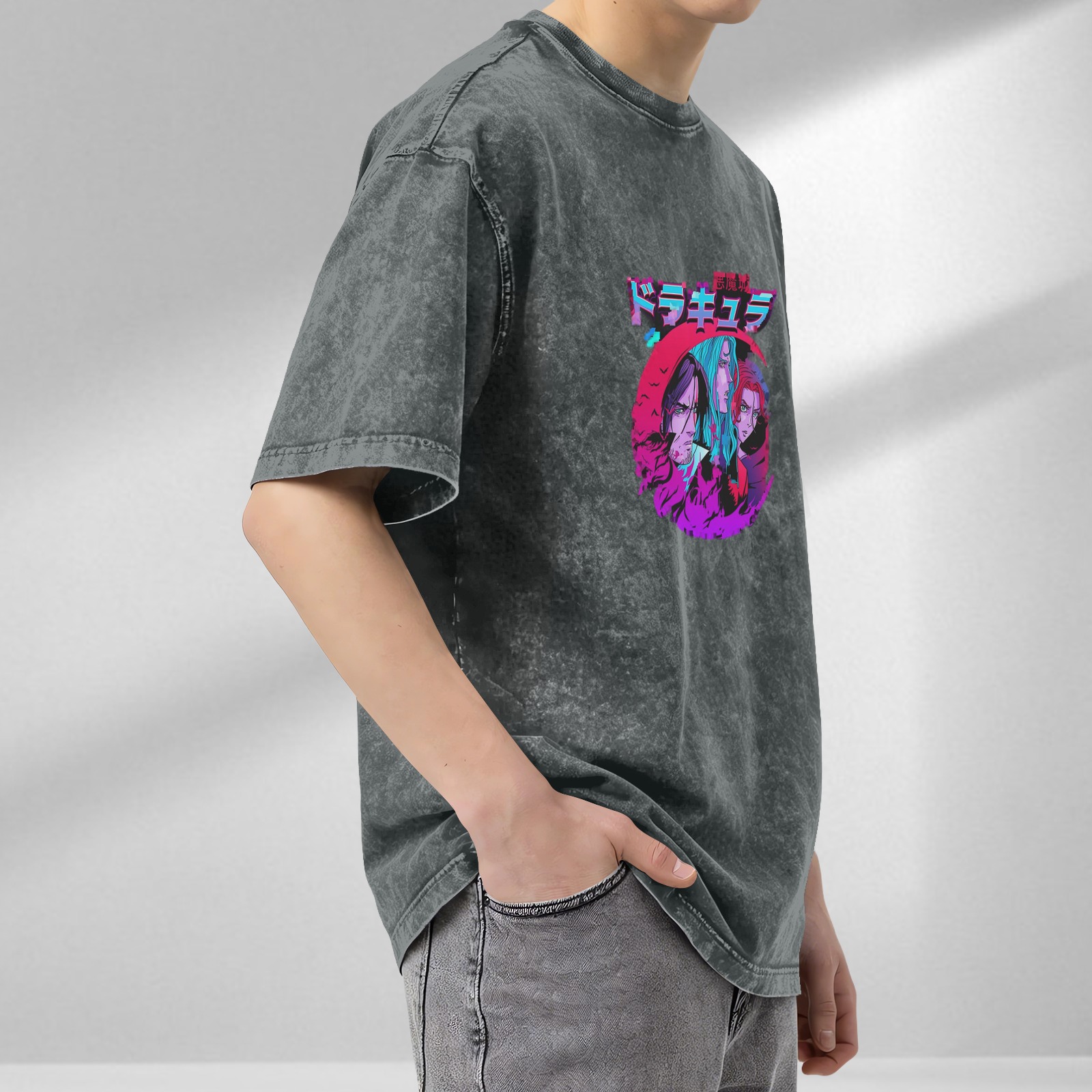 Retro washed black anime theme printed short-sleeved T-shirt