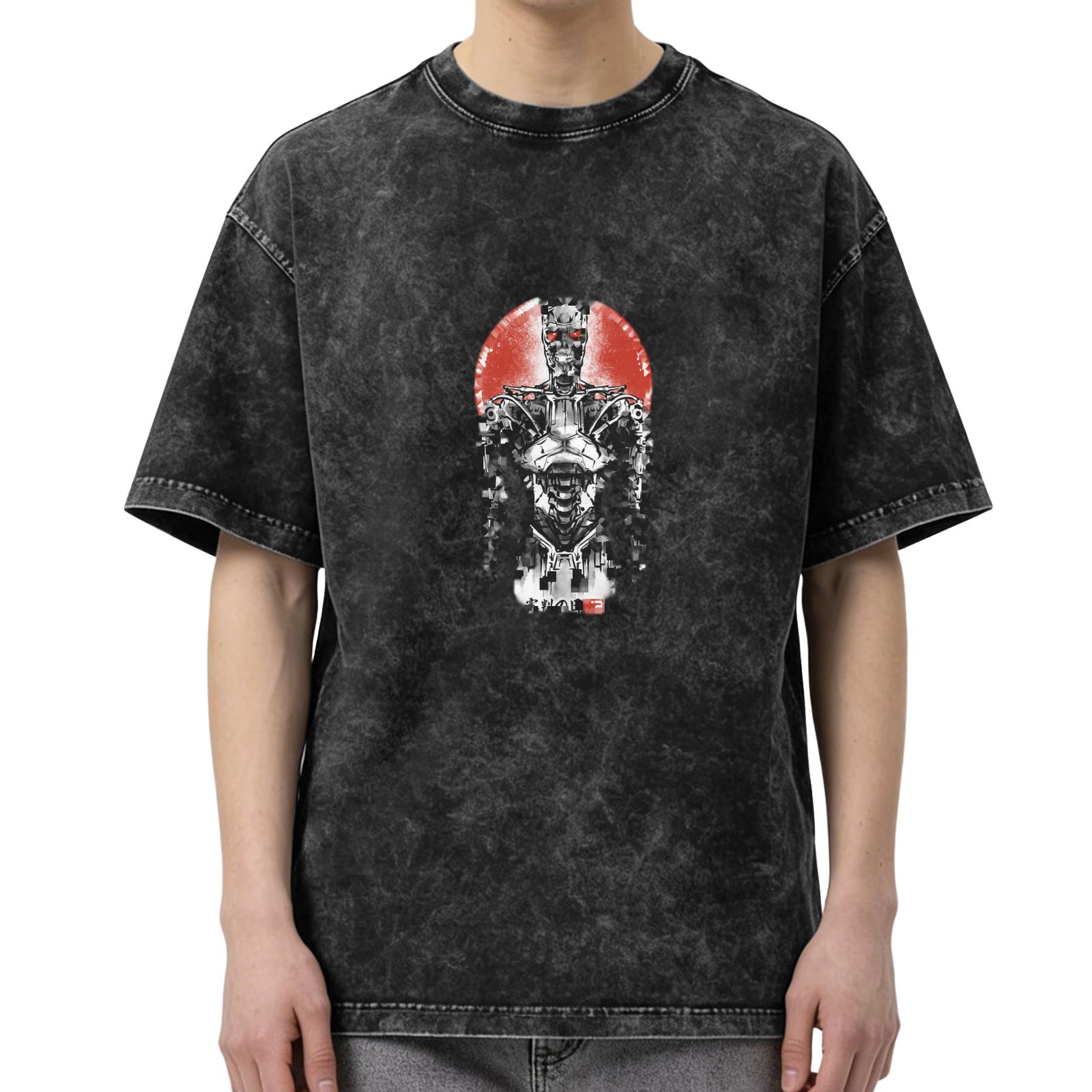 Washed Black Oversized T-Shirt with Terminator Robot Graphic