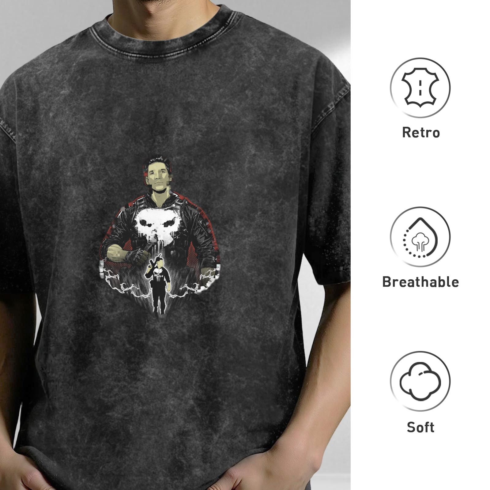 Oversized Stonewashed T-Shirt With Punisher Skull Graphic