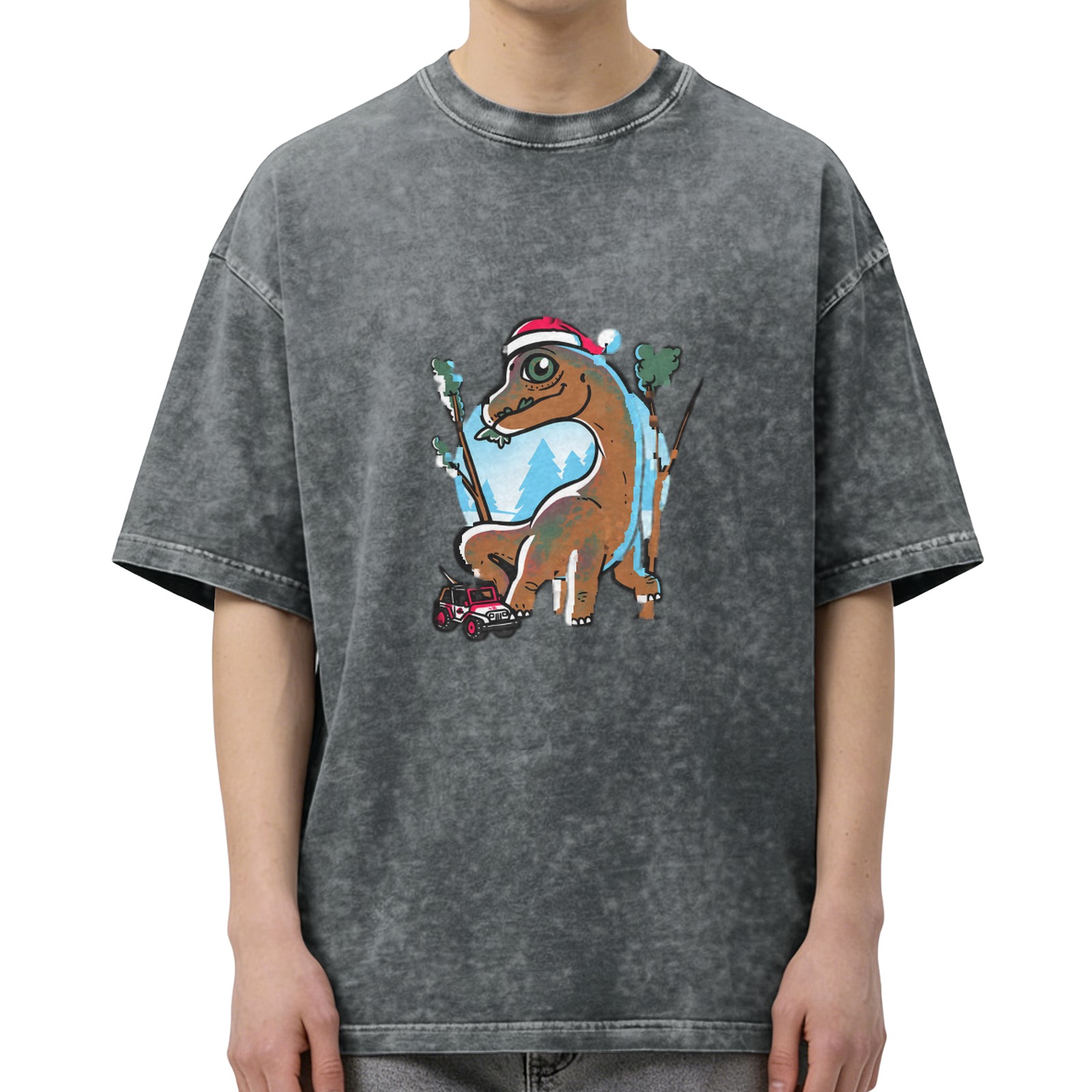 Oversized Dark Wash T-Shirt With Christmas Dinosaur Graphic
