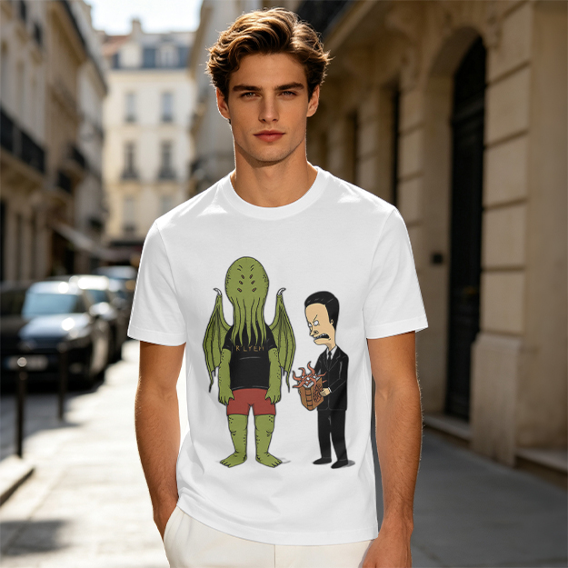 Olive T-Shirt Featuring Cthulhu and Beavis in Suits Graphic