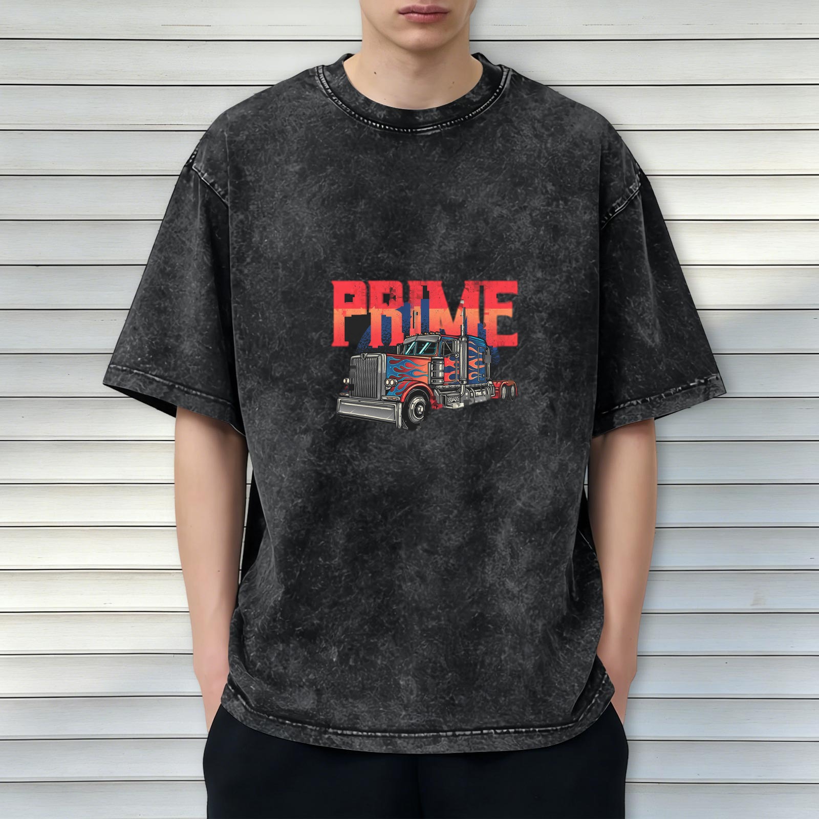 Washed Black T-Shirt with PRIME Text and Semi Truck Graphic