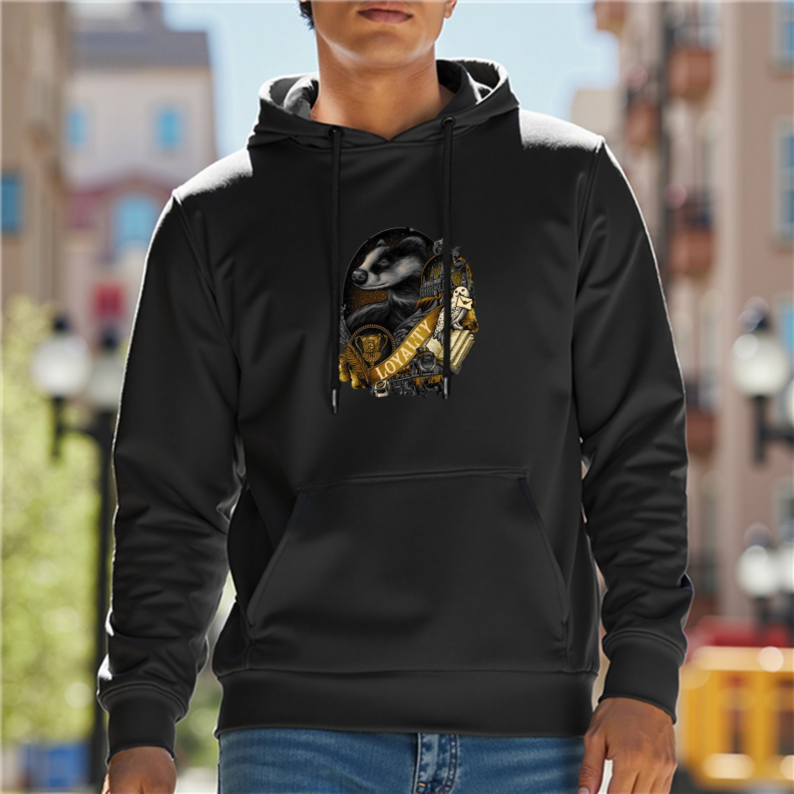 Black hoodie with Hufflepuff badger loyalty crest graphic