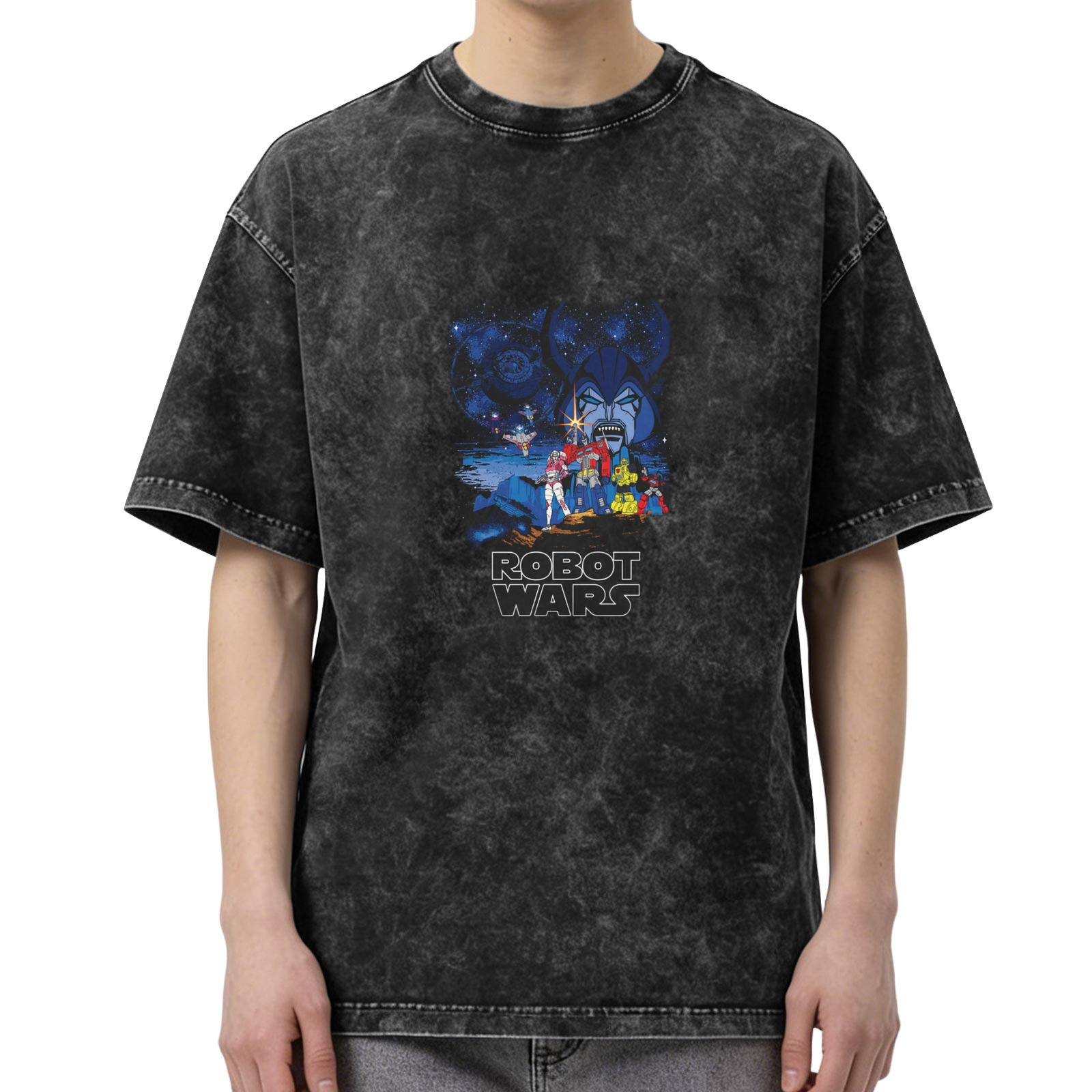 Robot Wars themed distressed washed black loose short-sleeved T-shirt