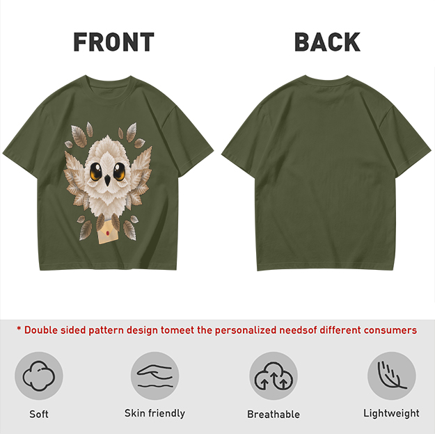 Owl with Envelope Graphic Olive Green T-Shirt