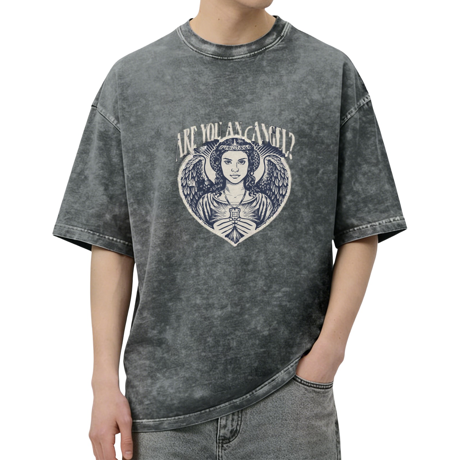 Oversized dark wash graphic t-shirt with angel and 'Are You An Angel?' text