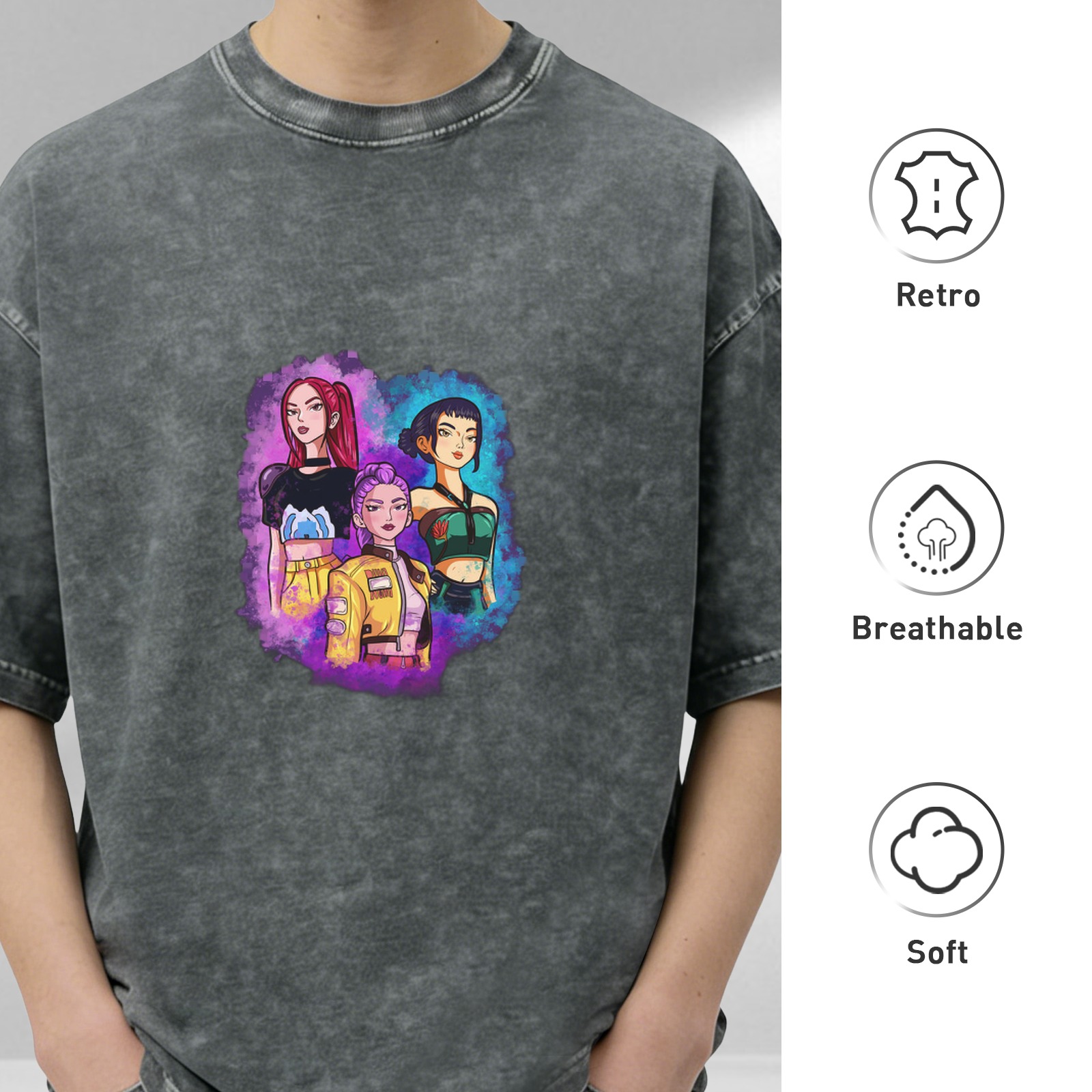 Oversized Acid Wash T-Shirt with Anime Girl Trio Graphic