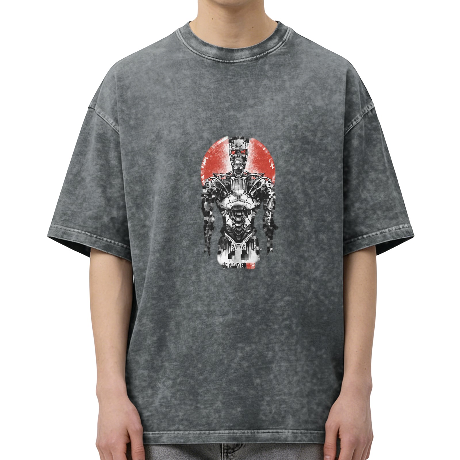 Washed Black Oversized T-Shirt with Terminator Robot Graphic