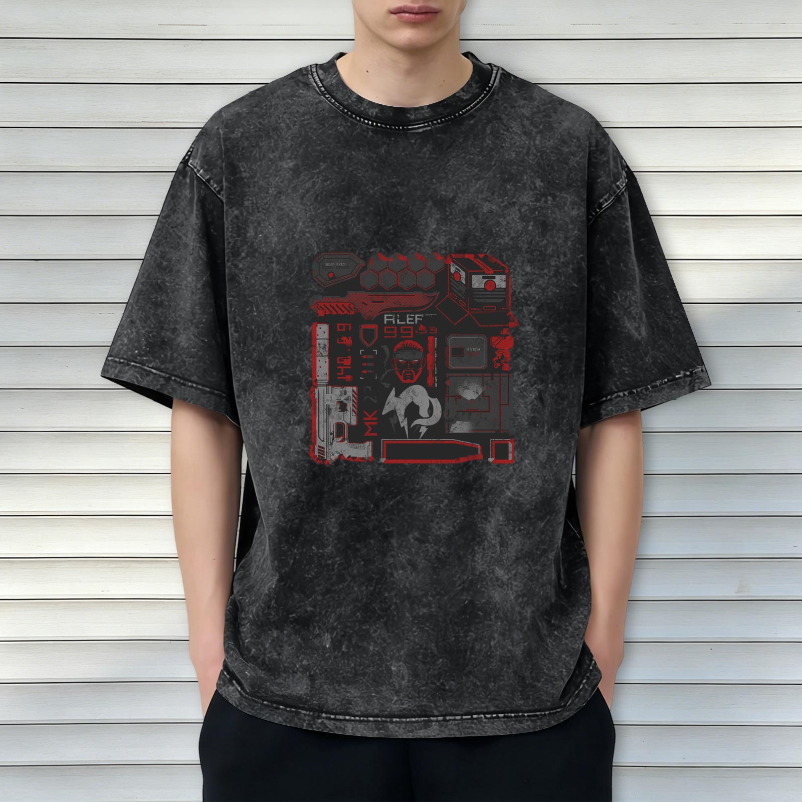 Oversized Stonewashed Black T-Shirt With Cyberpunk Tactical Graphic Print