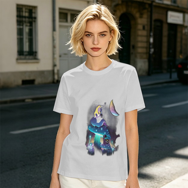 Olive T-Shirt with Alice in Wonderland Galaxy Mushroom Art