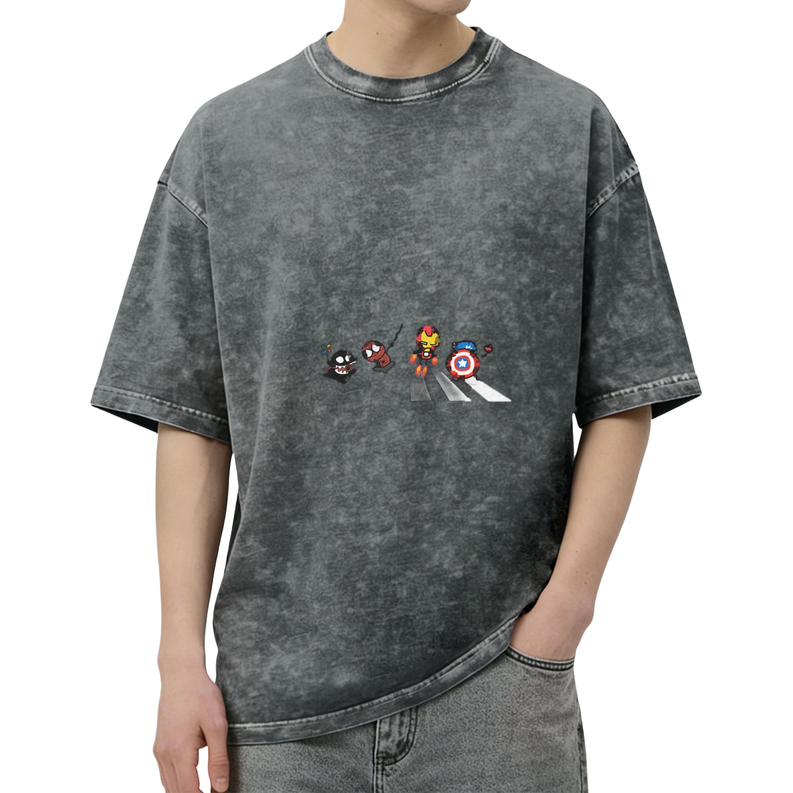 Oversized Dark Wash T-Shirt With Chibi Superheroes Crossing Crosswalk