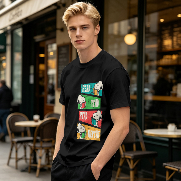 Olive T-Shirt with Snoopy Read Repeat Reading Graphic