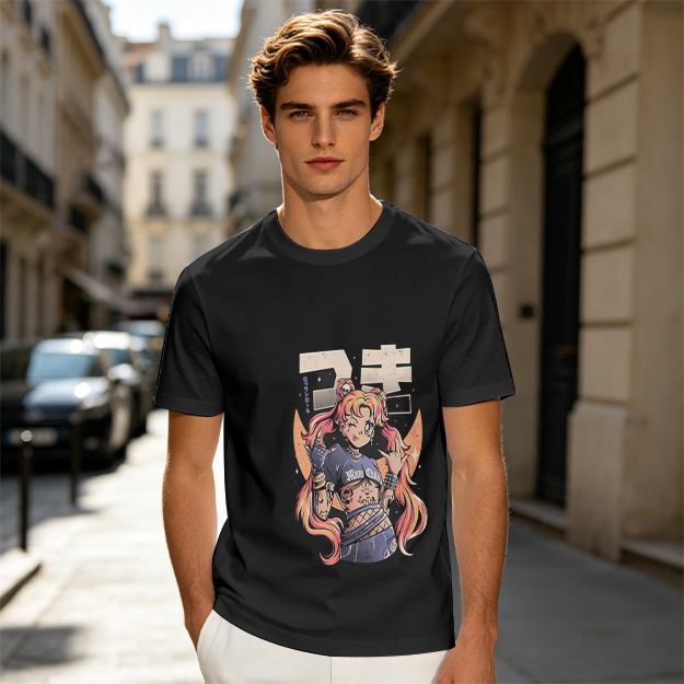 Olive Anime Girl Graphic Short Sleeve T-Shirt