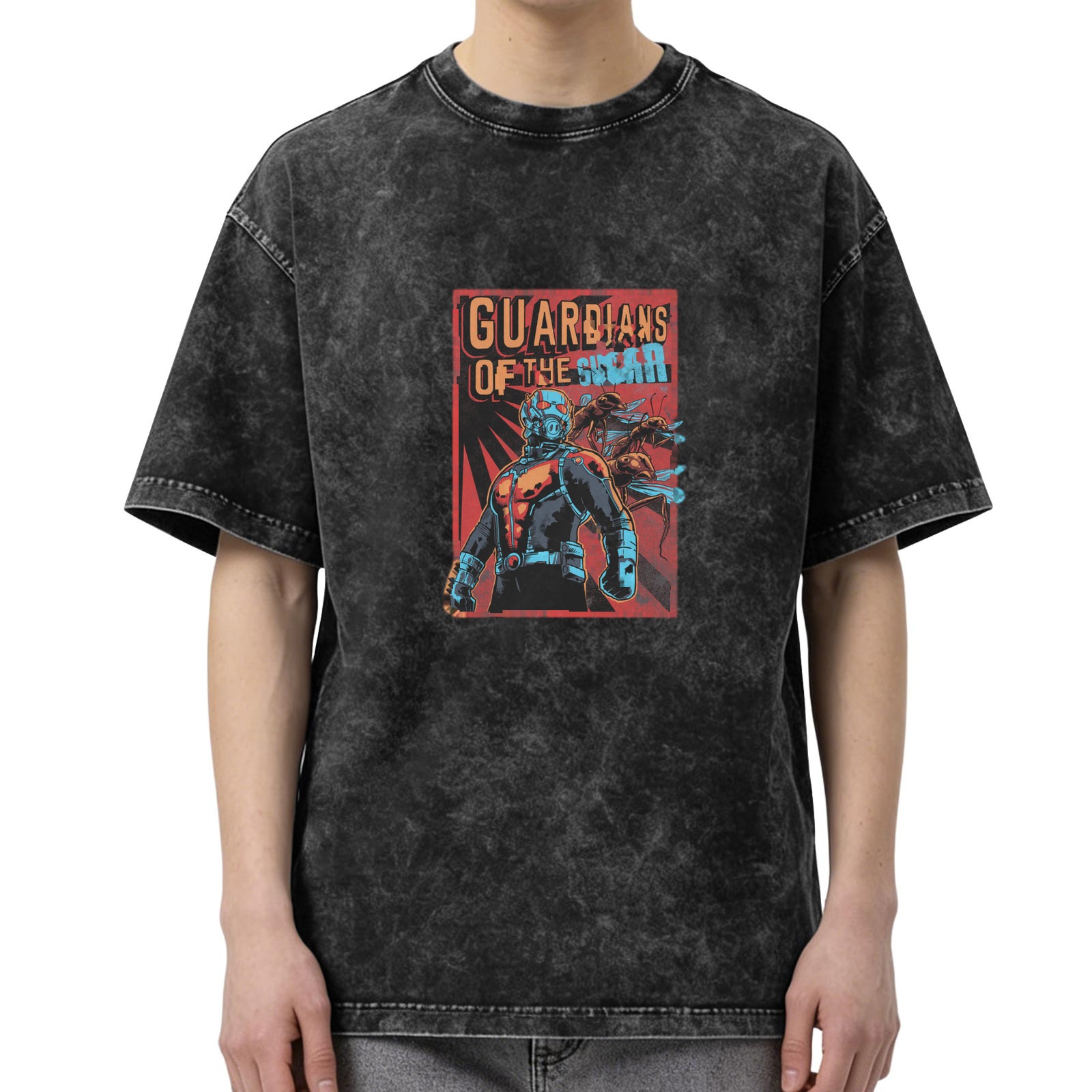 Washed black graphic t-shirt with Guardians of the Galaxy style superhero print