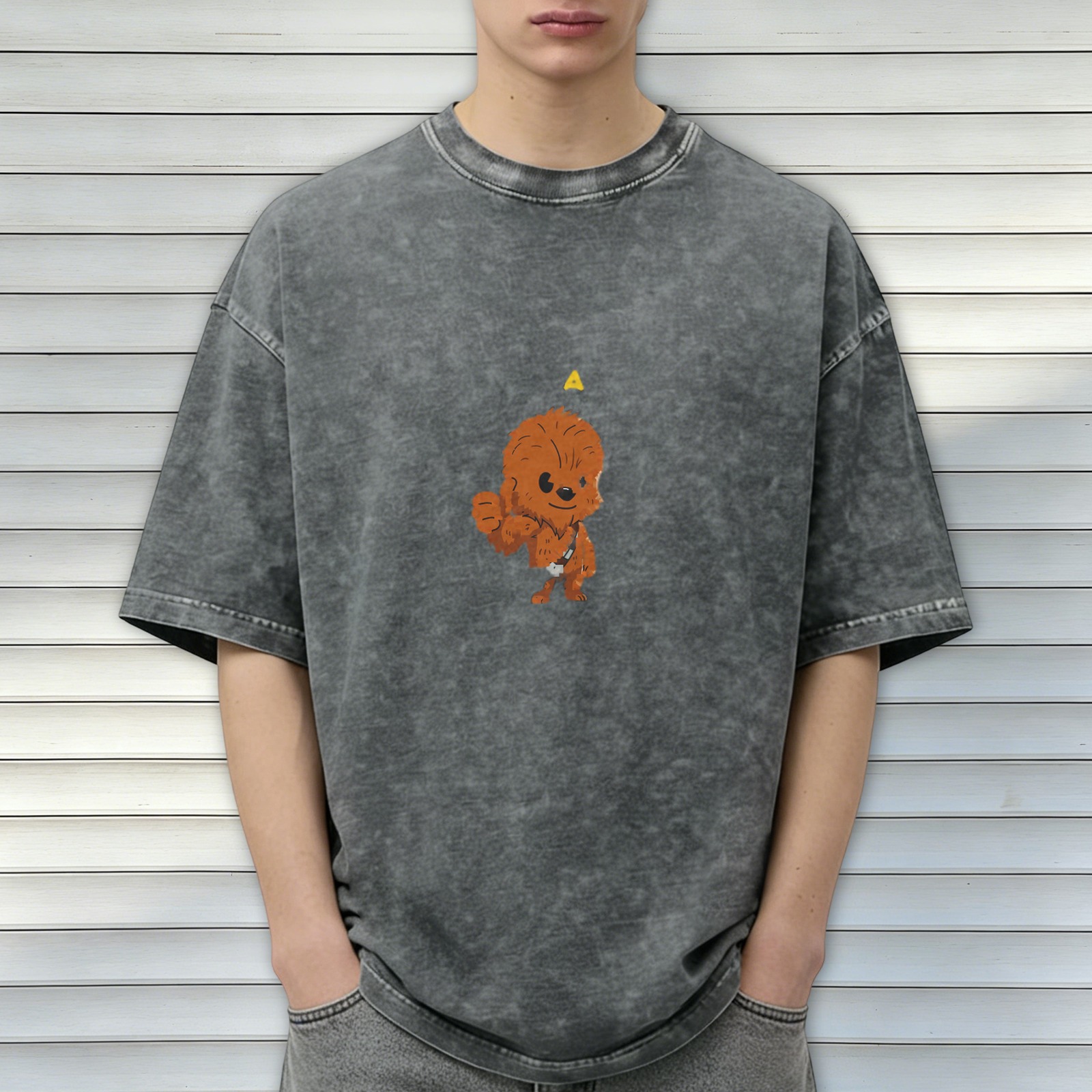 Washed black t-shirt with cute cartoon Chewbacca graphic