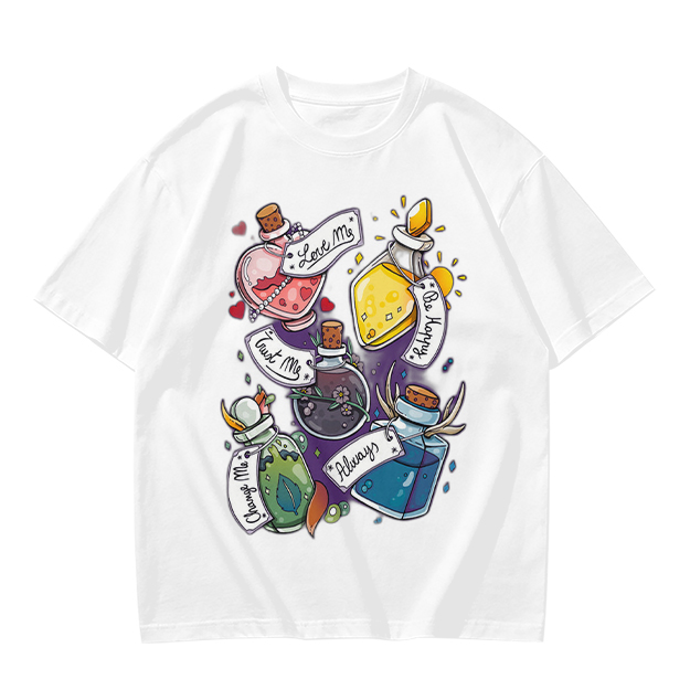 Olive T-Shirt With Magical Potion Bottles Graphic Design