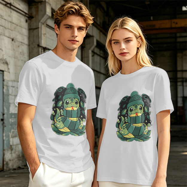 Olive Green T-Shirt With Cute Cartoon Snake Graphic